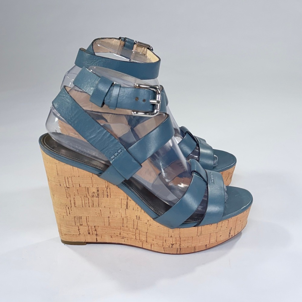 Coach Charla Sandal Womens 8B Blue Leather Strappy Cork Wedge Platform Chic Boho